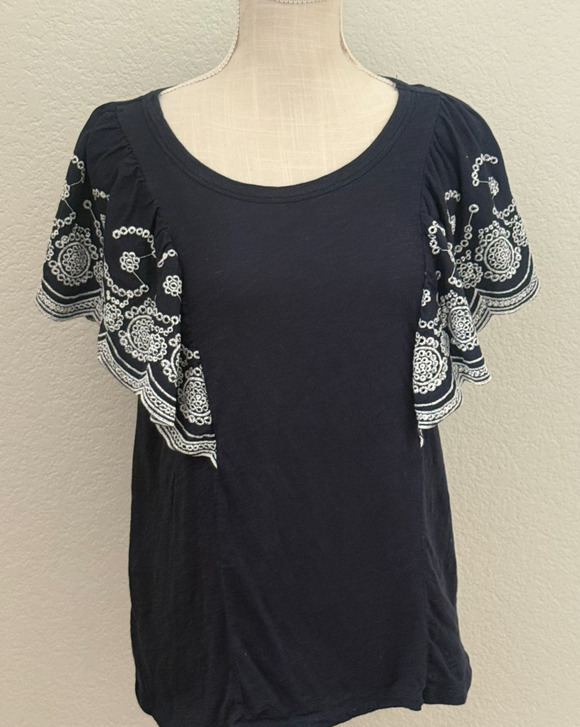 Time and Tru Tops - Time And Tru Women's Blouse Navy Floral Short Sleeve 100% Cotton Medium Shirt